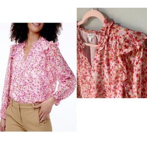 JCrew boho pink red floral long sleeve blouse L spring color burst